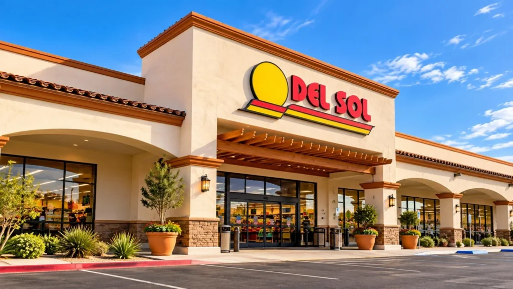 Illustration of a Del Sol grocery store exterior with the red and yellow Del Sol sign, tan stucco arches and a landscaped entrance under a blue sky